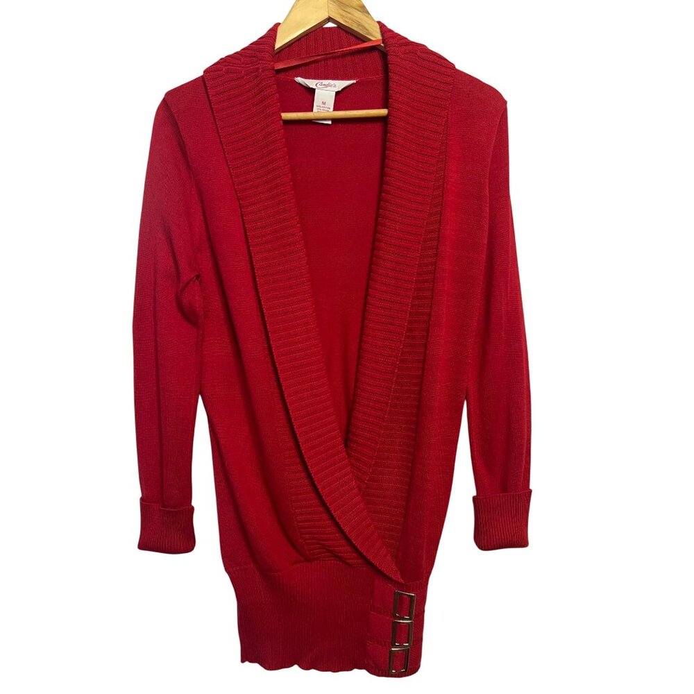 Candies Women Red Shaw Cable Tight Knit Neck Cardigan Buckle M Long Cotton Blend